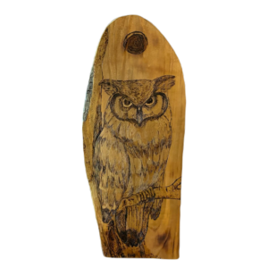 Woodburned owl on branch under moon on cypress